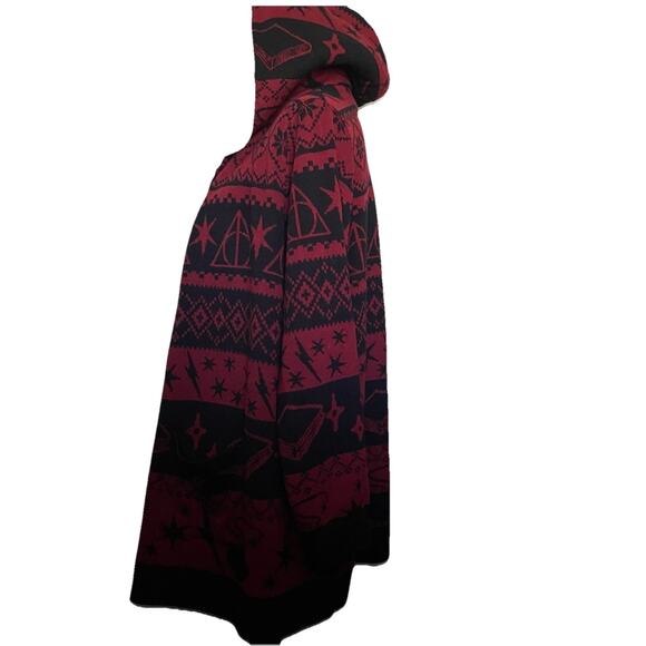 Harry Potter Deathly Hallows Fair Isle Sherpa Hooded Cardigan Size 2X Burgundy - Picture 3 of 7